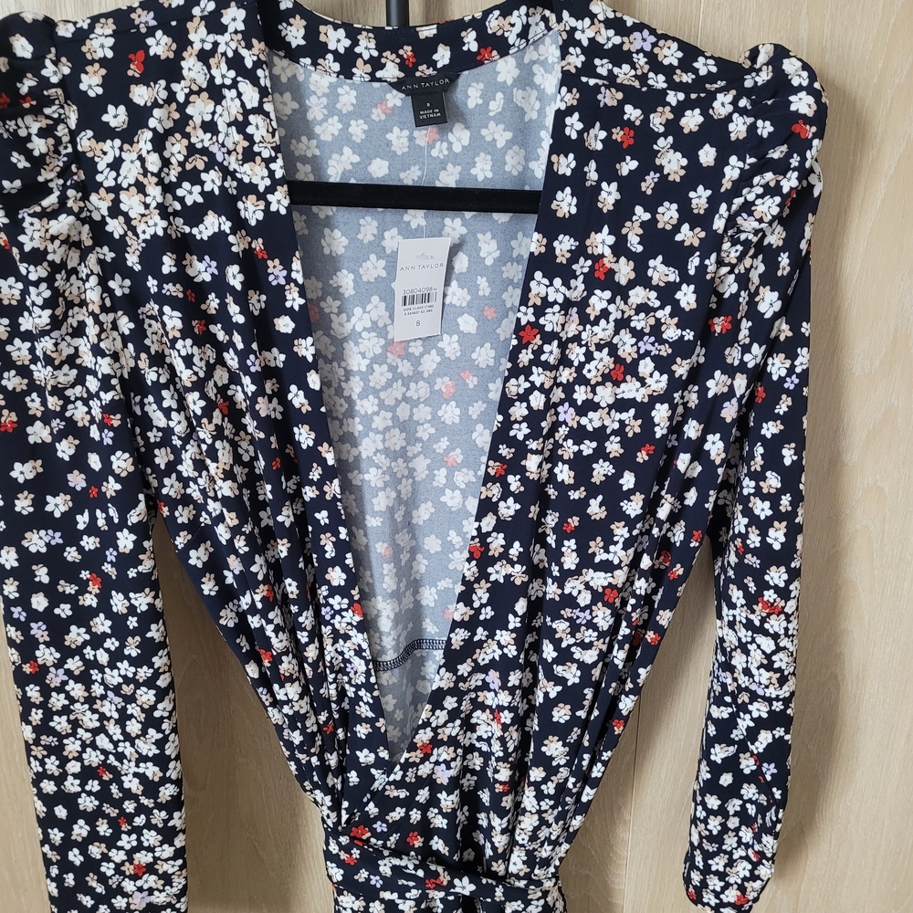 Ann Taylor Floral Long Sleeve Dress Wrap Dress- Navy and White